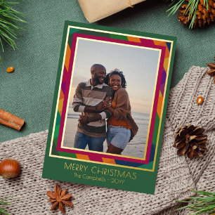 Jewel Tone Plaid Frame Merry Christmas Photos Foil Holiday Card