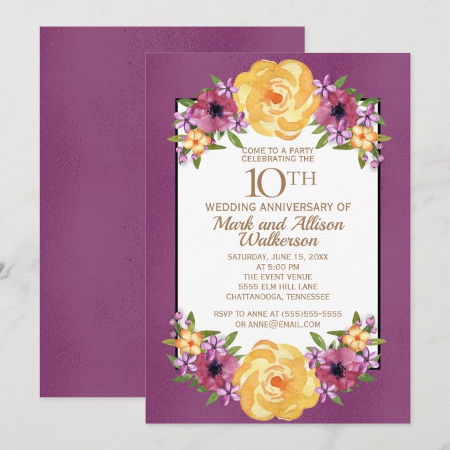 Jewel Tone Purple Yellow Floral 10th Anniversary Invitation (Front/Back)