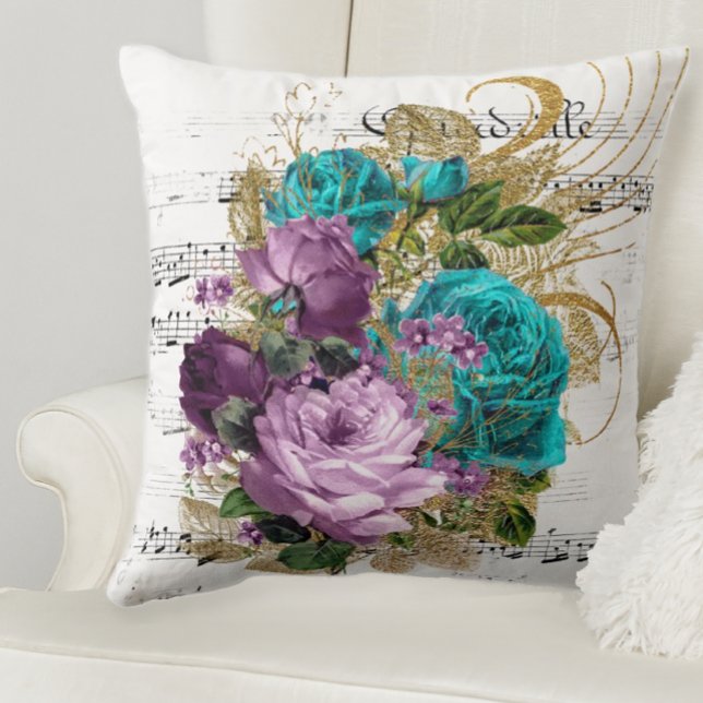 Jewel Tone Roses Cushion (Purple and teal floral throw pillow)