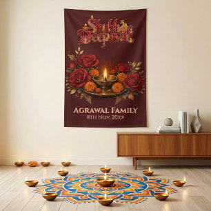 Jewel Tone Shubh Diwali Rose Peacock Deepak Family Banner