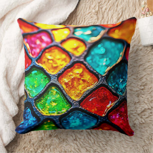Jewel Tone Stained Glass Art Glow Design Cushion