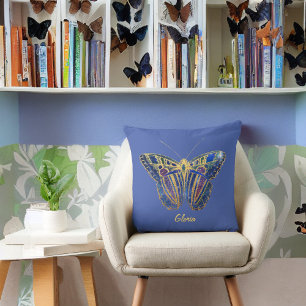 Jewel Toned Butterfly on Purplish Blue Cushion