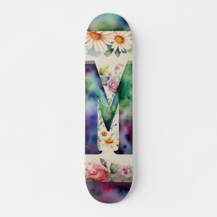 Jewel Toned Monogram M Colorful Watercolor Floral Skateboard