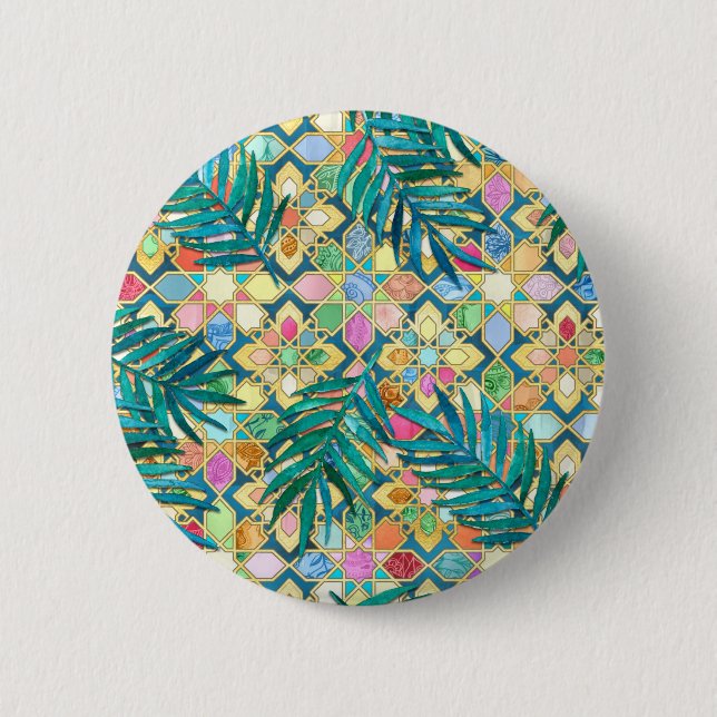 Jewel toned Moroccan pattern with palm leaves 6 Cm Round Badge (Front)