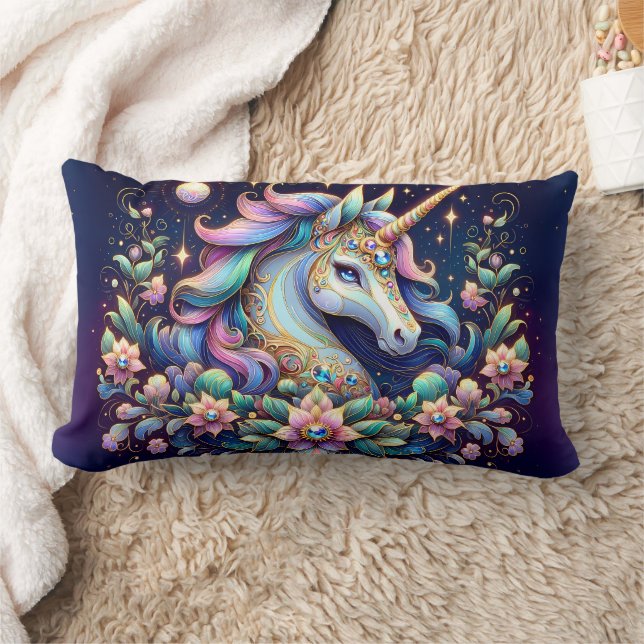 Jewel Toned Unicorn Floral Fantasy Lumbar Cushion (Blanket)