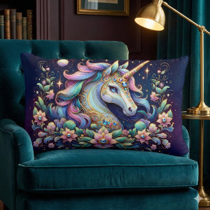 Jewel Toned Unicorn Floral Fantasy Lumbar Cushion