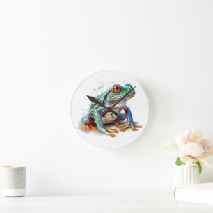 Jewel-Toned Watercolor Frog Round Clock