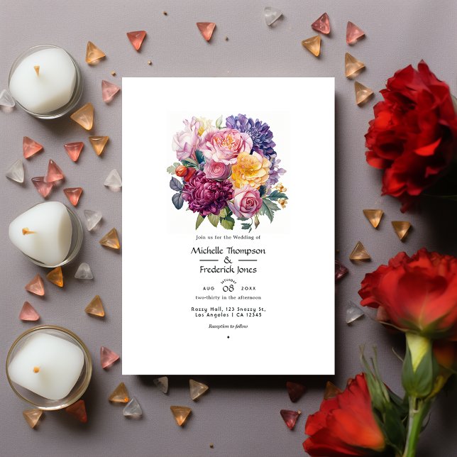 Jewel-tones and Green Floral Wedding Invitation (Creator Uploaded)