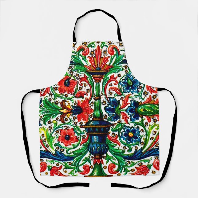 Jewel Tones Mediaeval Manuscript Flowers Scrolls Apron (Front)