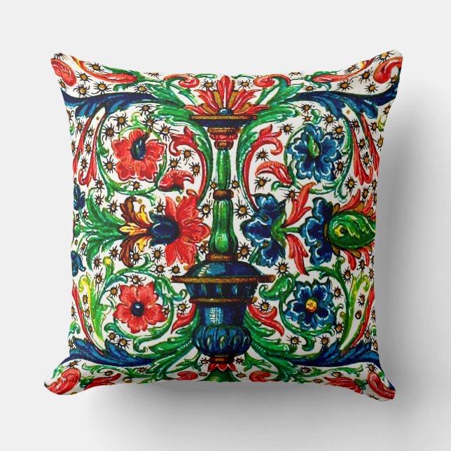 Jewel Tones Mediaeval Manuscript Flowers Scrolls Cushion (Front)