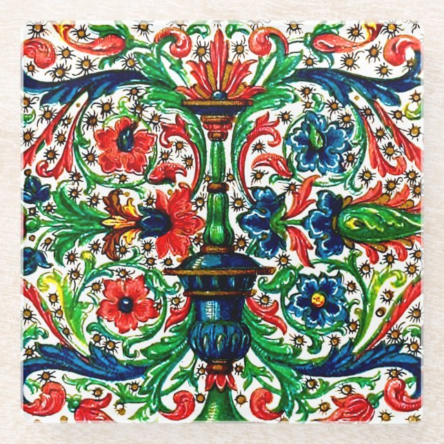 Jewel Tones Mediaeval Manuscript Flowers Scrolls Glass Coaster (Front)