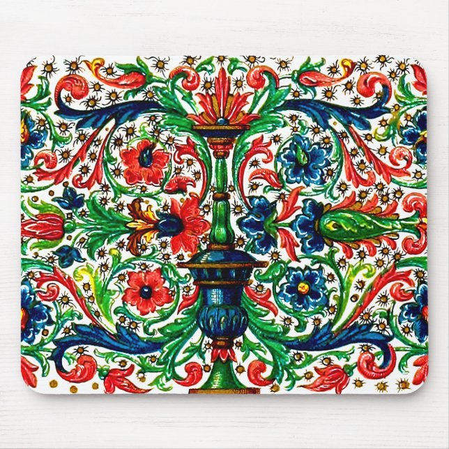 Jewel Tones Mediaeval Manuscript Flowers Scrolls Mouse Pad (Front)