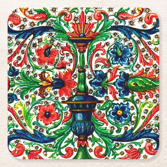 Jewel Tones Mediaeval Manuscript Flowers Scrolls Square Paper Coaster (Front)