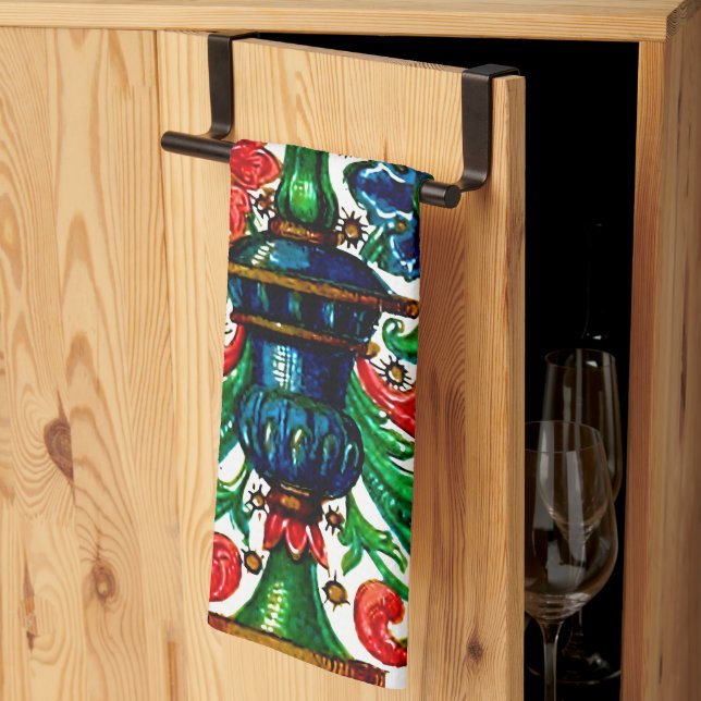 Jewel Tones Mediaeval Manuscript Flowers Scrolls Tea Towel (Thirds Fold)