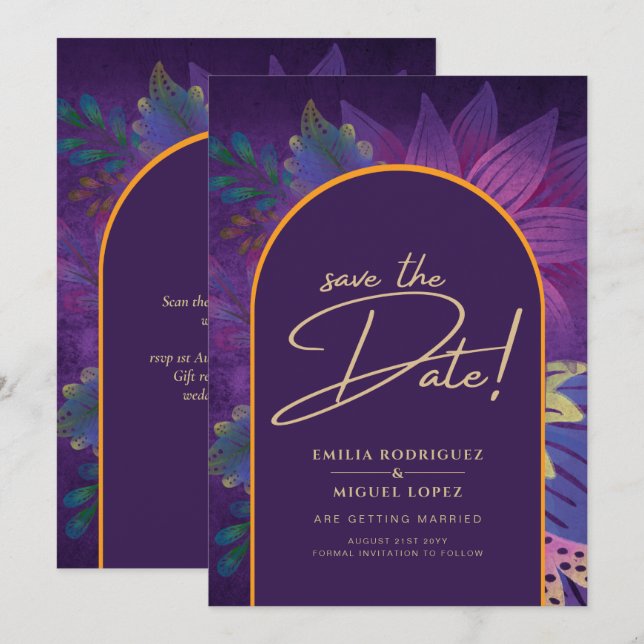Jewel Tones Plum Purple Berry Gold Wedding Invitation (Front/Back)