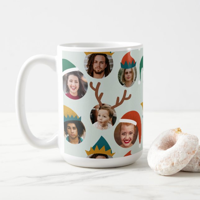 Jewel Tones Silly Christmas Hat Six Photo Collage Coffee Mug (With Donut)
