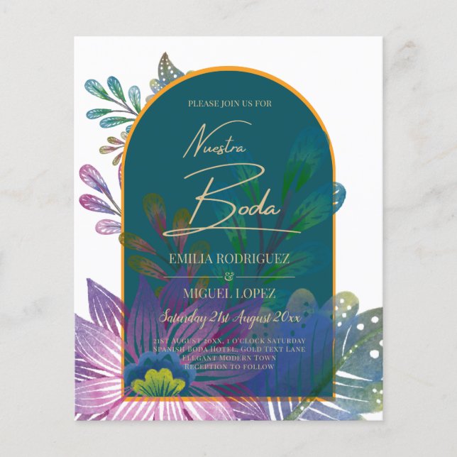 Jewel Tones Teal Maroon Gold Wedding Invite Flyer (Front)