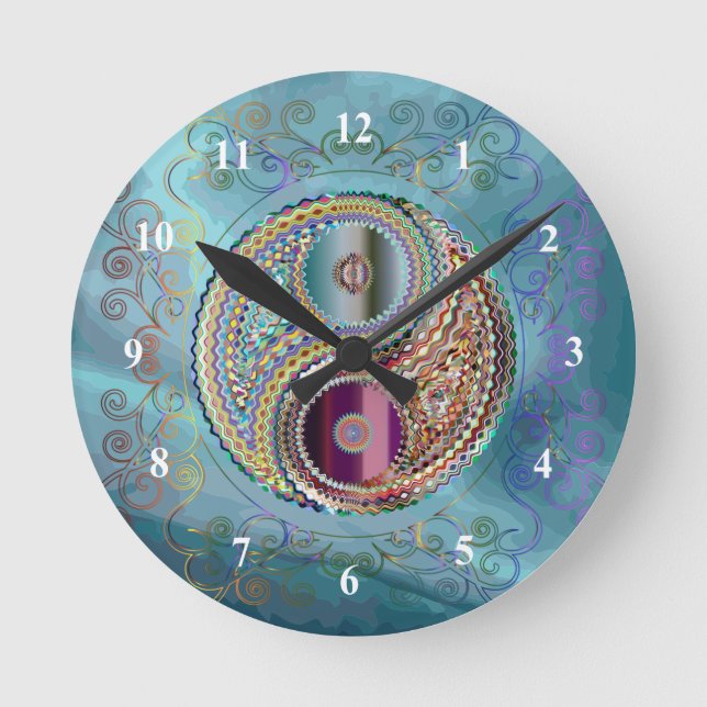 Jewel Tones Yin-Yang Symbol Prismatic Border Sky Round Clock (Front)