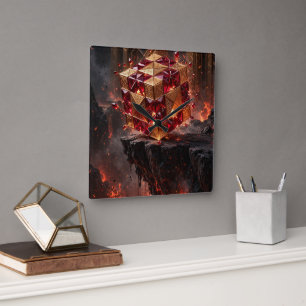 Jeweled Cube on the Volcanic Precipice Square Wall Clock