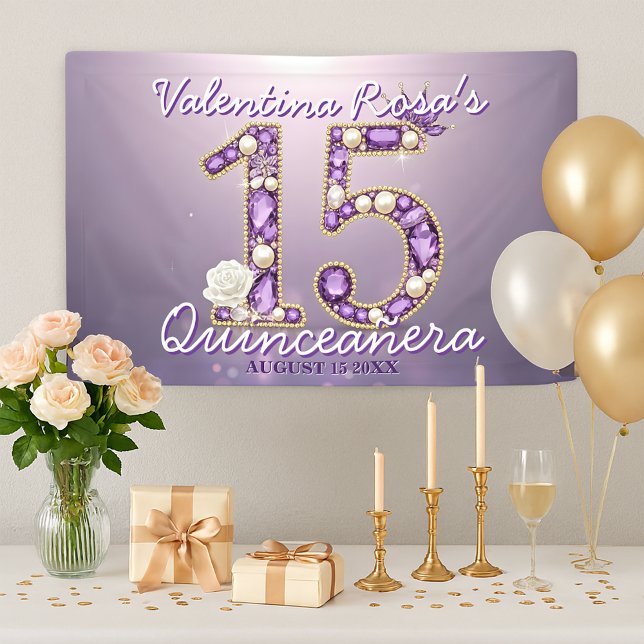 Jewelled Amethyst & Pearl White Rose Quinceañera  Banner (Creator Uploaded)