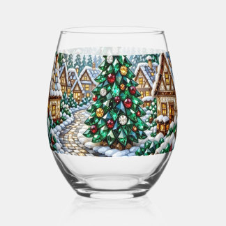 Jewelled Christmas Village Emerald Tree Crystal  Stemless Wine Glass