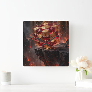Jewelled Cube on the Volcanic Precipice Square Wall Clock