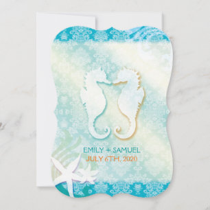 Jewelled Damask SeaHorse Starfish Beach Wedding Invitation