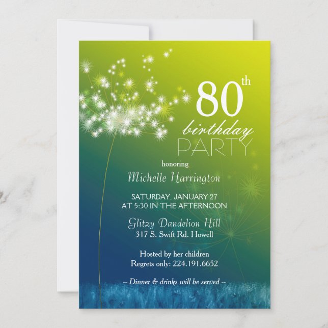 Jewelled Dandelion 80th Birthday Party Invitation (Front)