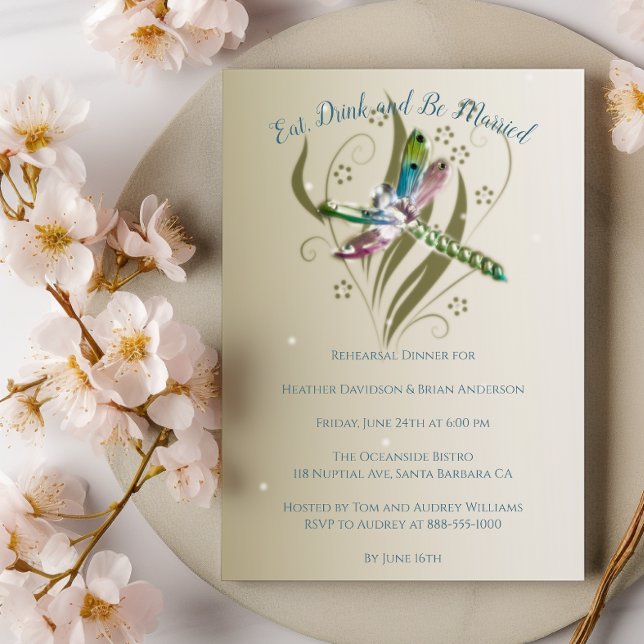 Jewelled Dragonfly Rehearsal Dinner Invitation (Jeweled Dragonfly Wedding Rehearsal Dinner Invitation)