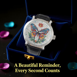 Jewelled Garden Stained Glass Butterfly Floral Watch