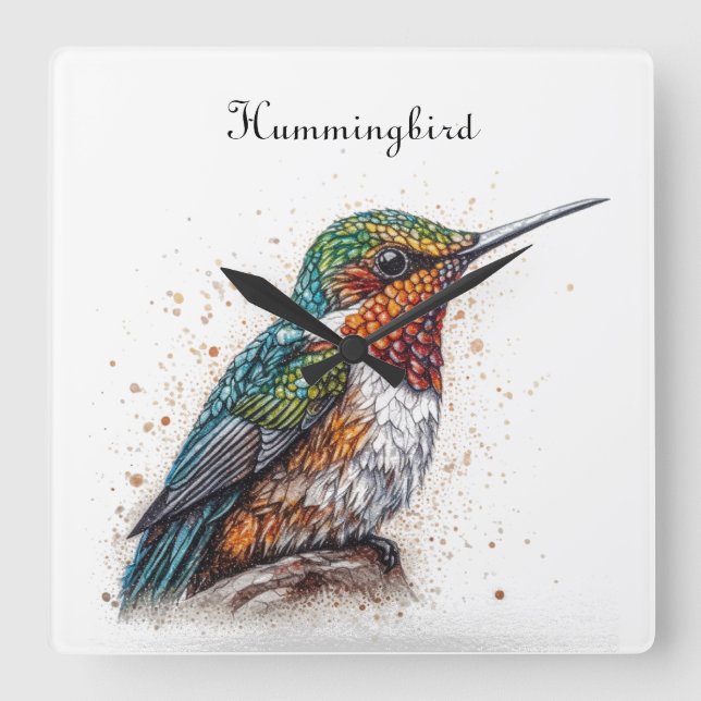 Jewelled Hummingbird Serenade, custom Square Wall Clock (Front)
