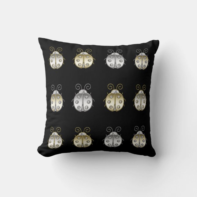 Jewelled Ladybugs Gold Silver Diamond Cushion (Front)
