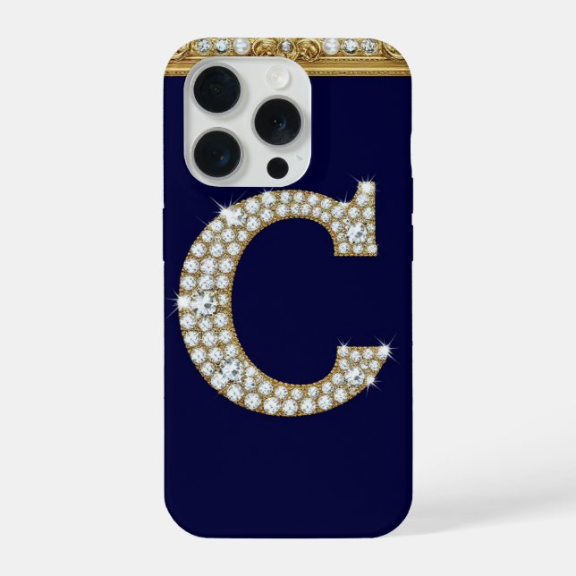 💎 Jewelled Letter C ✨ Gold Baroque Navy Luxe Fram iPhone Case (Back)