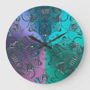 Jewelled Mandala Cool Hued Metallic Gradient Large Clock