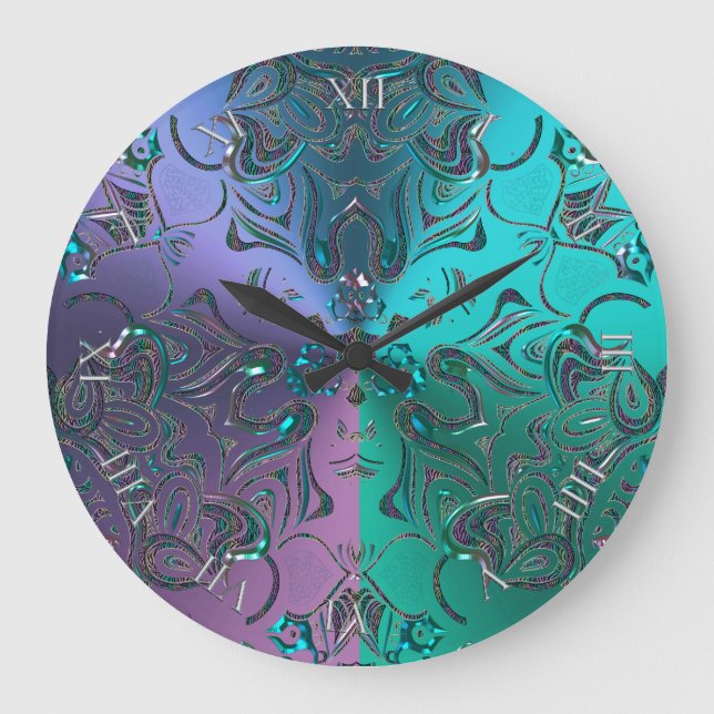 Jewelled Mandala Cool Hued Metallic Gradient Large Clock (Front)