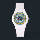 Jewelled Mandala (v1) Watch<br><div class="desc">This sporty watch has a white bezel & strap and is beautifully adorned with an original digital painting by Leslie Sigal Javorek inspired by the wonderfully intricate jewellery & mendhi (henna tattoos) designs from India. In shades of blue, turquoise, purples,  pearl & gold.</div>