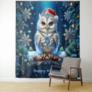 Jewelled Owl with Santa Hat Holiday Backdrop Tapestry