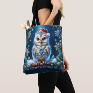 Jewelled Owl with Santa Hat Holiday Tote Bag