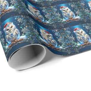 Jewelled Owl with Santa Hat Holiday Wrapping Paper