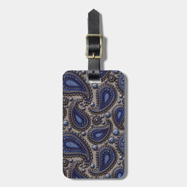 Jewelled Paisley Blue and Grey Luggage Tag (Front Vertical)