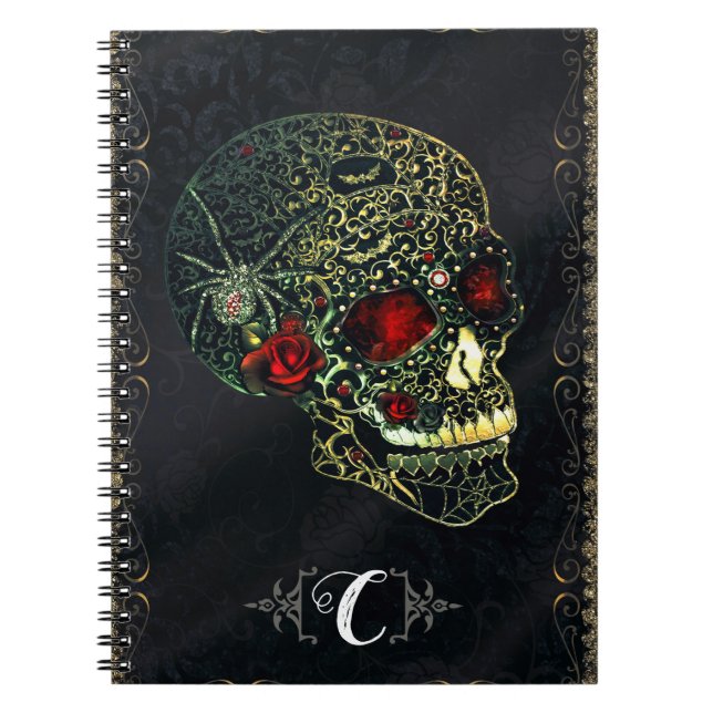 Jewelled Spider Skull & Roses Glam Gothic Filigree Notebook (Front)