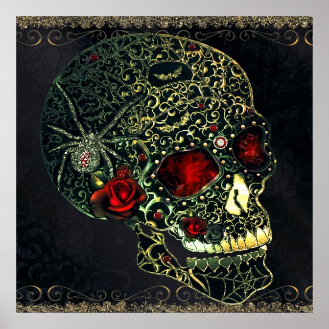 Jewelled Spider Skull & Roses Glam Gothic Filigree Poster (Front)