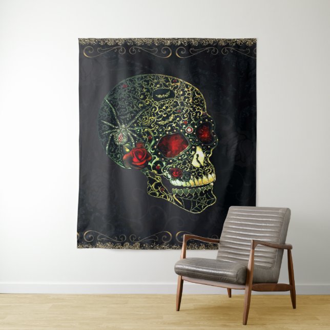 Jewelled Spider Skull & Roses Glam Gothic Filigree Tapestry (In Situ)