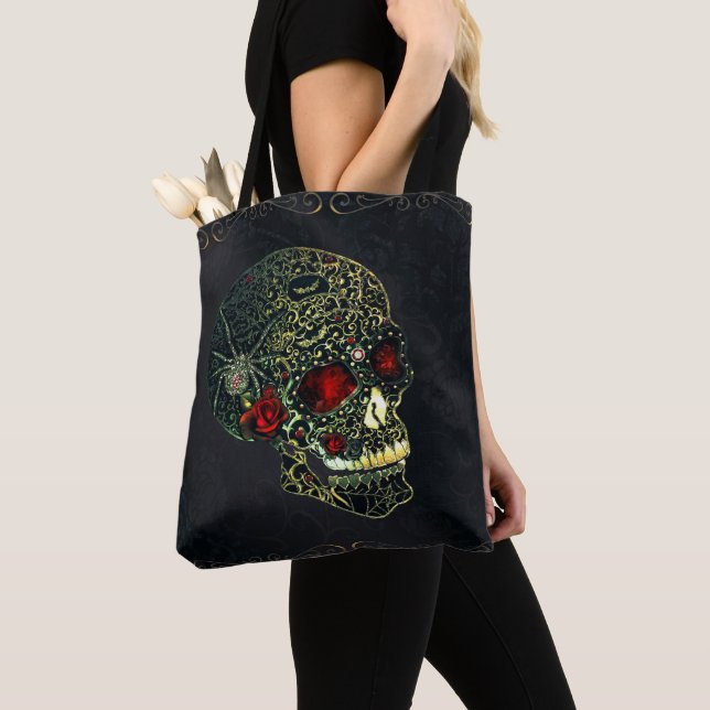 Jewelled Spider Skull & Roses Glam Gothic Filigree Tote Bag (Close Up)