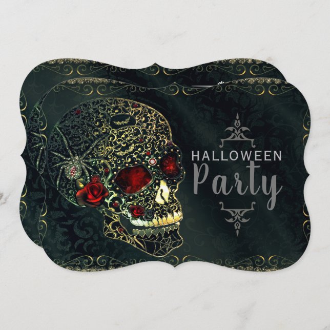 Jewelled Spider Skull & Roses Glam Gothic Party Invitation (Front/Back)