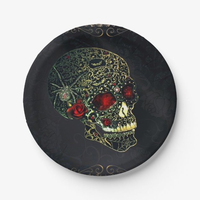 Jewelled Spider Skull & Roses Glam Gothic Party Paper Plate (Front)