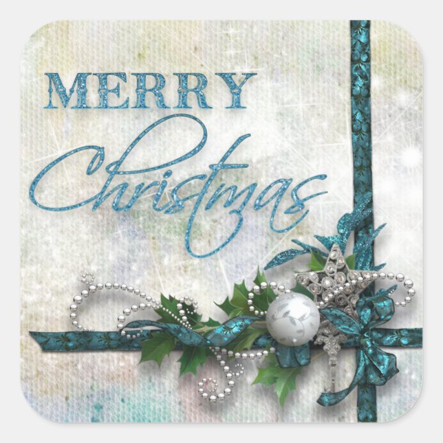 Jewelled Teal and Silver Joy to the World Square Sticker (Front)