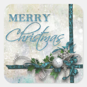 Jewelled Teal and Silver Joy to the World Square Sticker