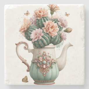 Jewelled Teal Teapot with Blooming Cactus Stone Coaster