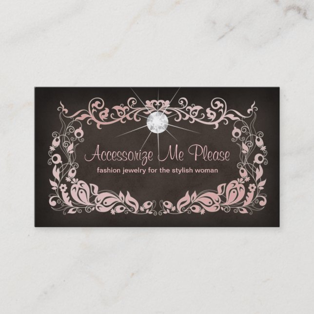 Jewellery Business Card Pink Brown Floral Frame 2 (Front)